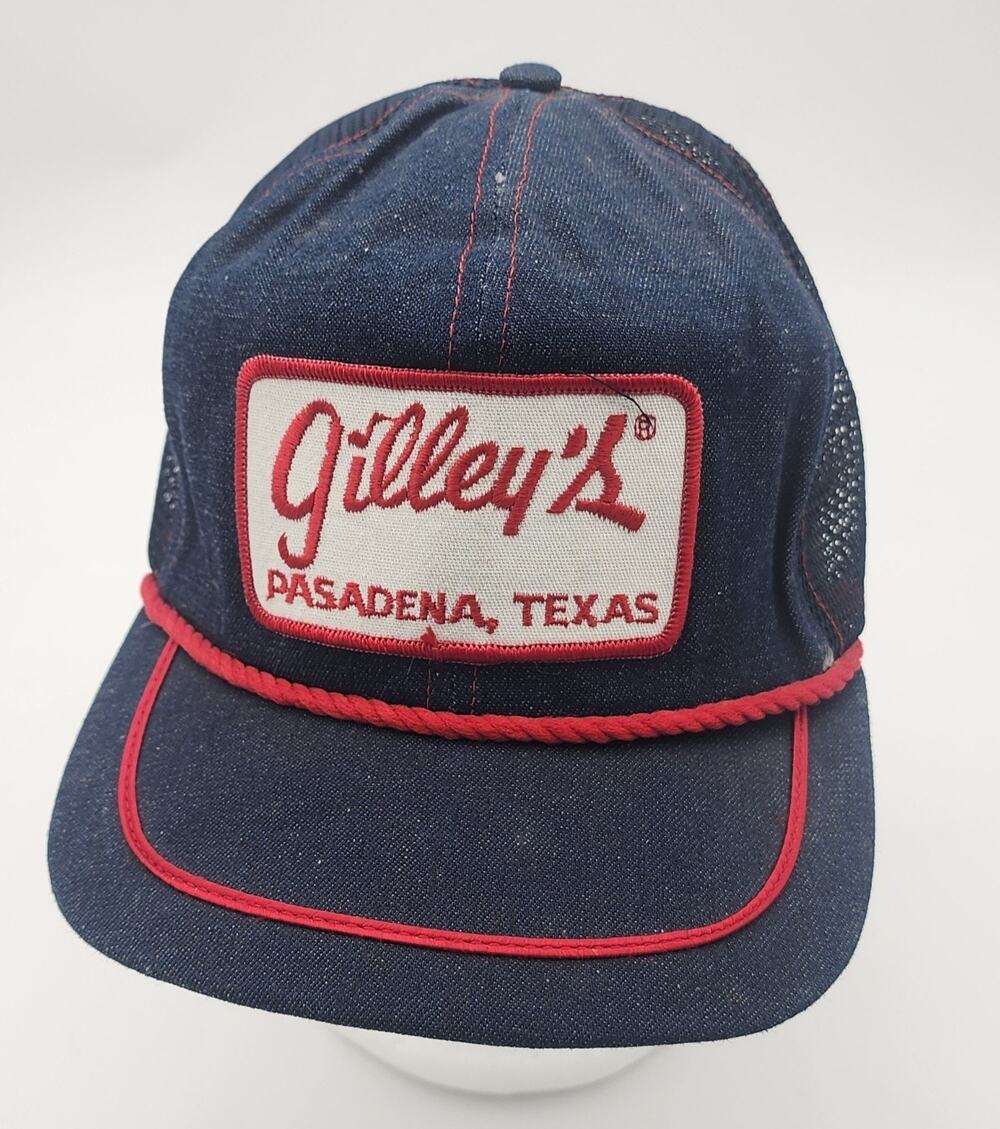 Vintage Gilley's Pasadena Texas DENIM MESH Patched Trucker Hat Snapback USA 80s